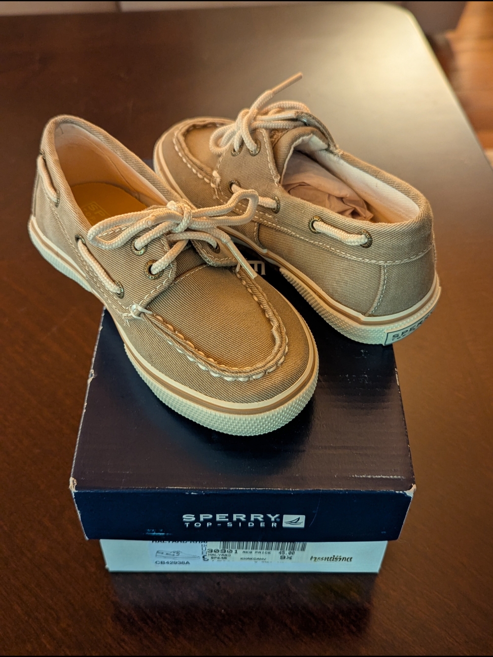 Sperry Kids Tan Canvas Boat Shoes with White Soles
